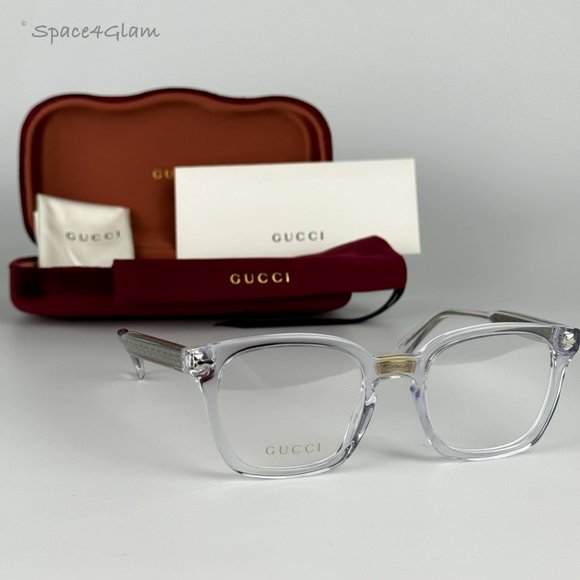 Gucci Women Eyeglasses Crystal Clear Silver Demo Square GG0184O 012 NEW - Picture 1 of 8